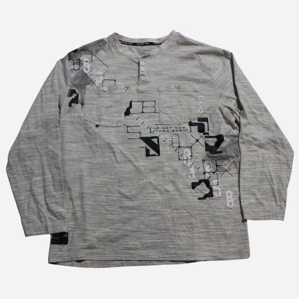 Mens Y2K Longsleeve Henley Skater Grunge Abstract Point Zero Projek Raw Shirt - Picture 2 of 7
